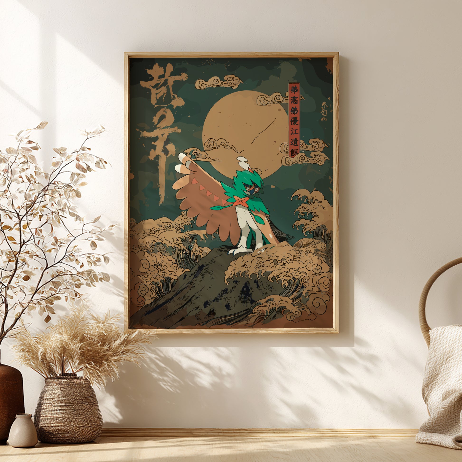 Framed artwork with Decidueye Pokemon on a mountain against a moonlit sky, placed on a wall with decorative elements.