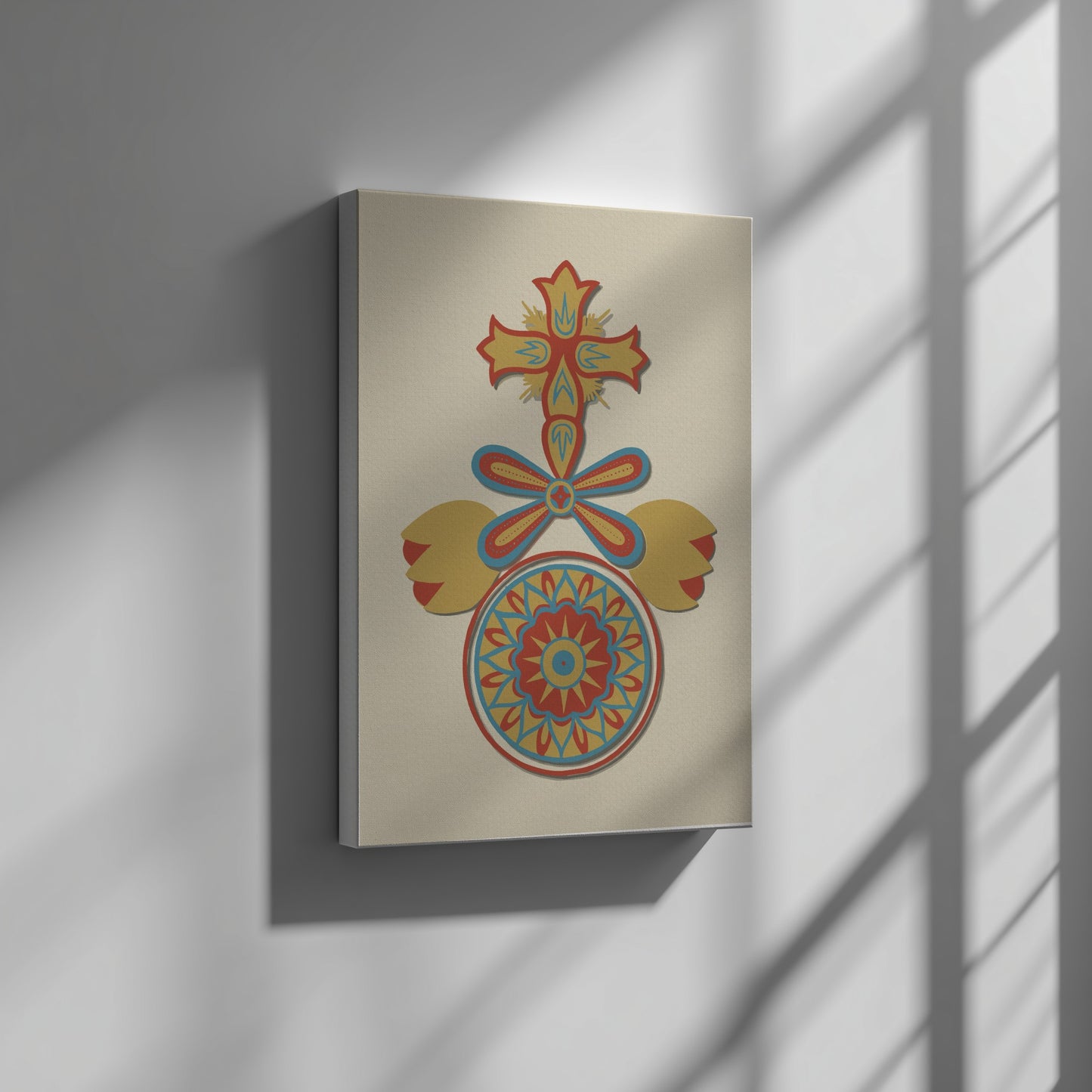 Decorative Art of Spanish California poster with cross, floral, and mandala motifs in red, yellow, and blue.