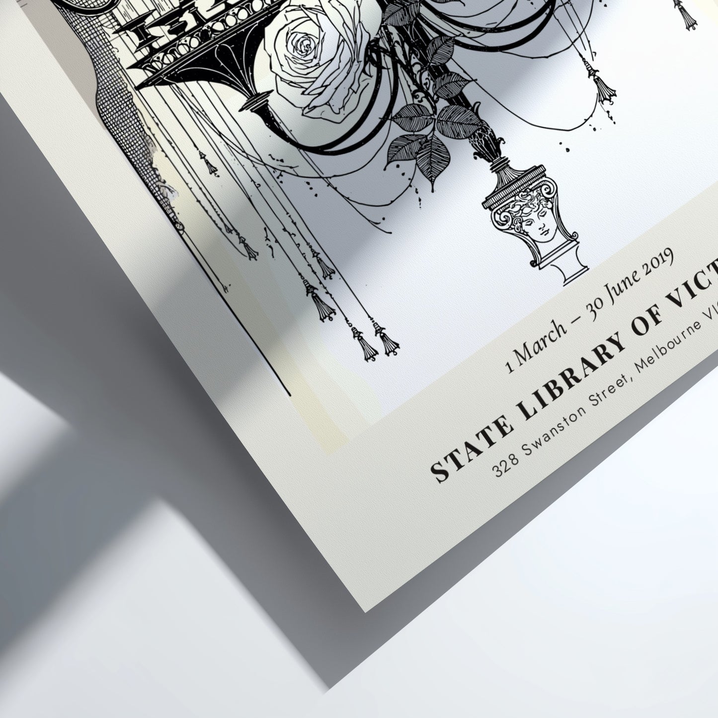 Aubrey Beardsley poster featuring decorative frontispiece with roses and candles in monochrome style