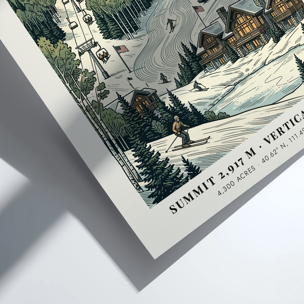 Deer Valley ski poster showing chairlifts, mountain cabins, and snowy slopes in Utah.