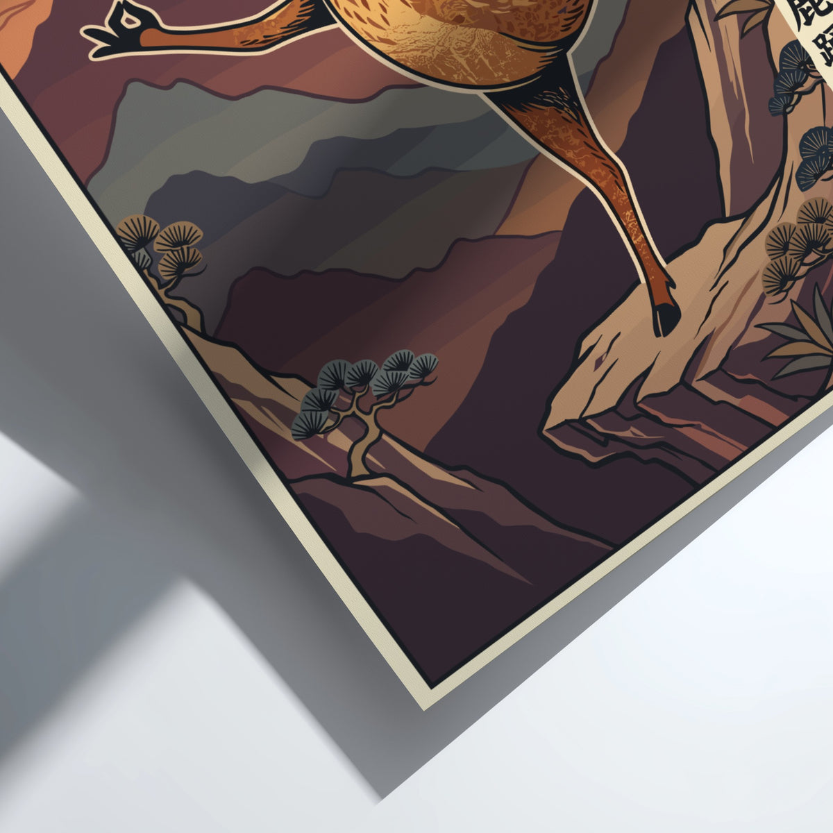 Poster of a deer doing yoga on a mountain with Japanese sunset aesthetic