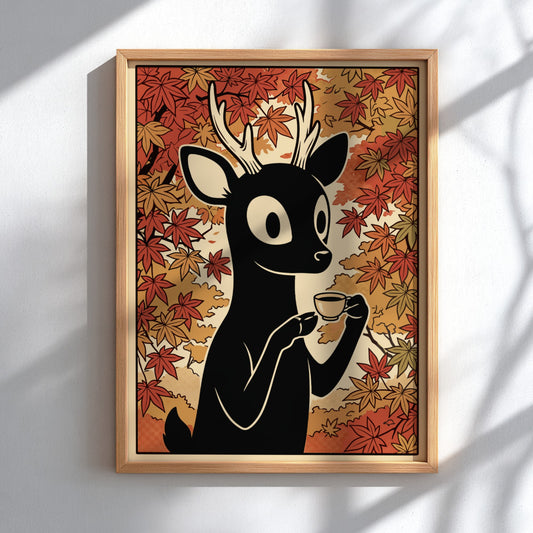 Poster of a black deer holding a teacup surrounded by orange autumn maple leaves