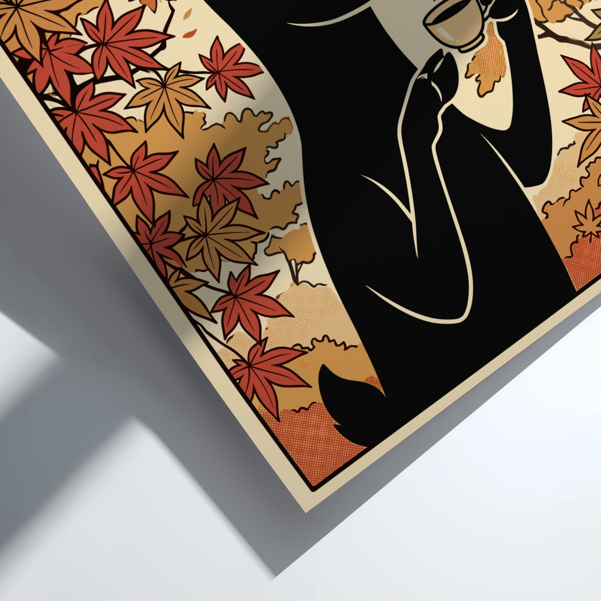 Poster of a black deer holding a teacup surrounded by orange autumn maple leaves