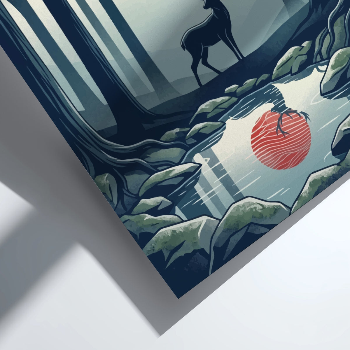 Poster featuring a stag in a misty forest with a red sun reflection