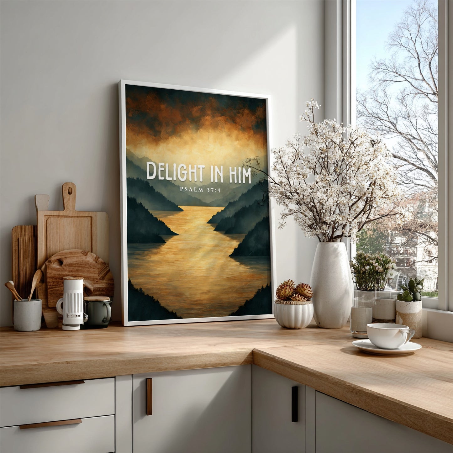 Delight in Him poster featuring serene landscape and Psalm 37:4 in warm colors