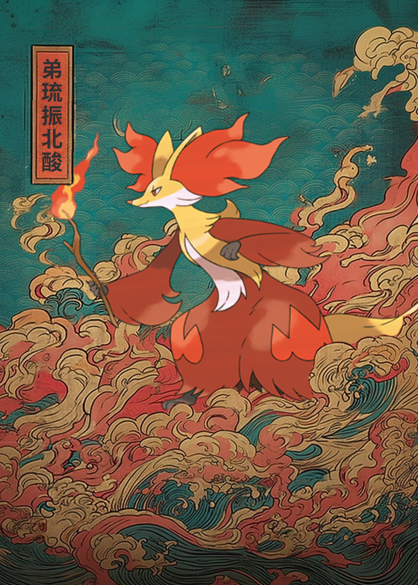 Colorful illustration of Delphox Pokemon with flames on a blue background