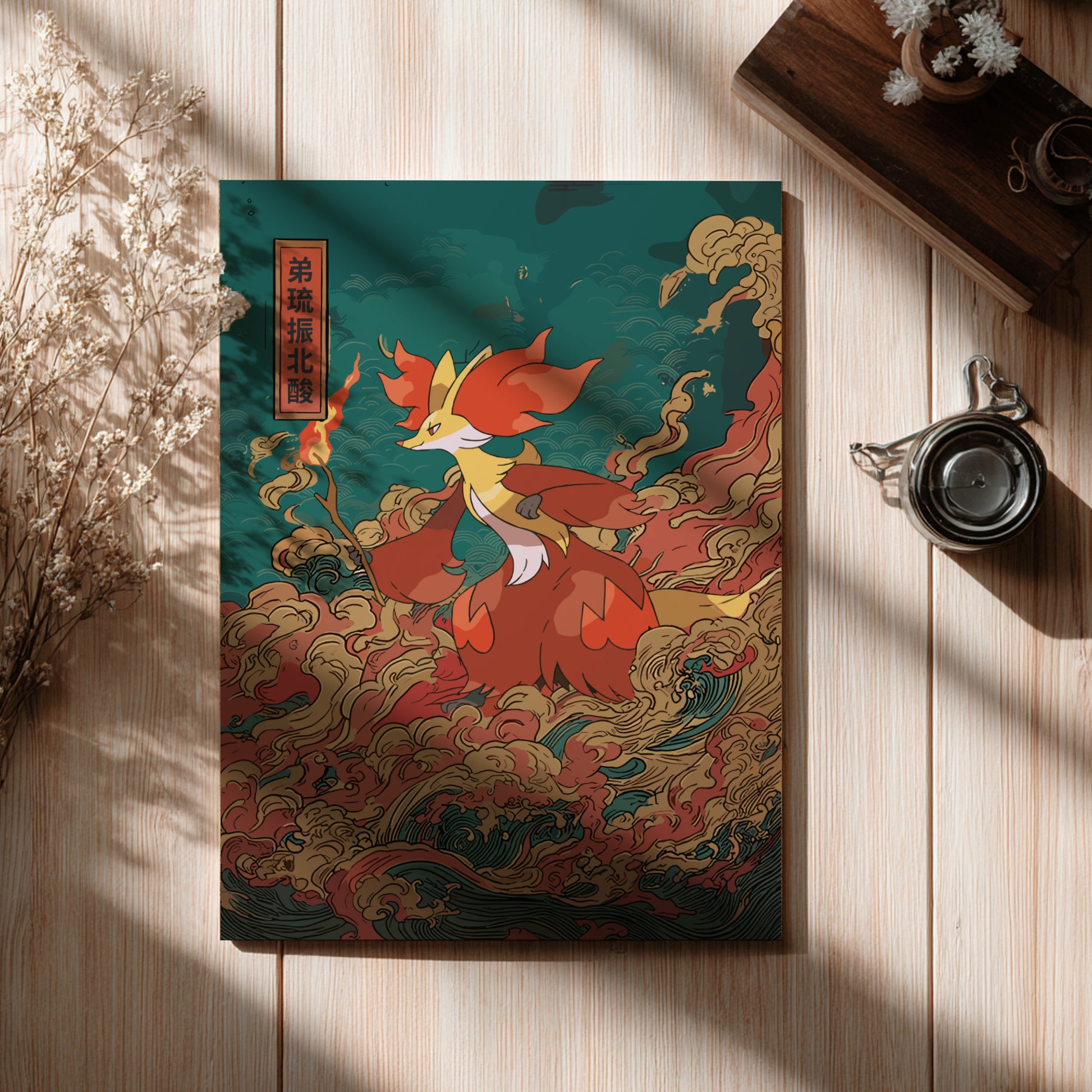 Decorative Poster with a Delphox Pokemon design on a wooden surface