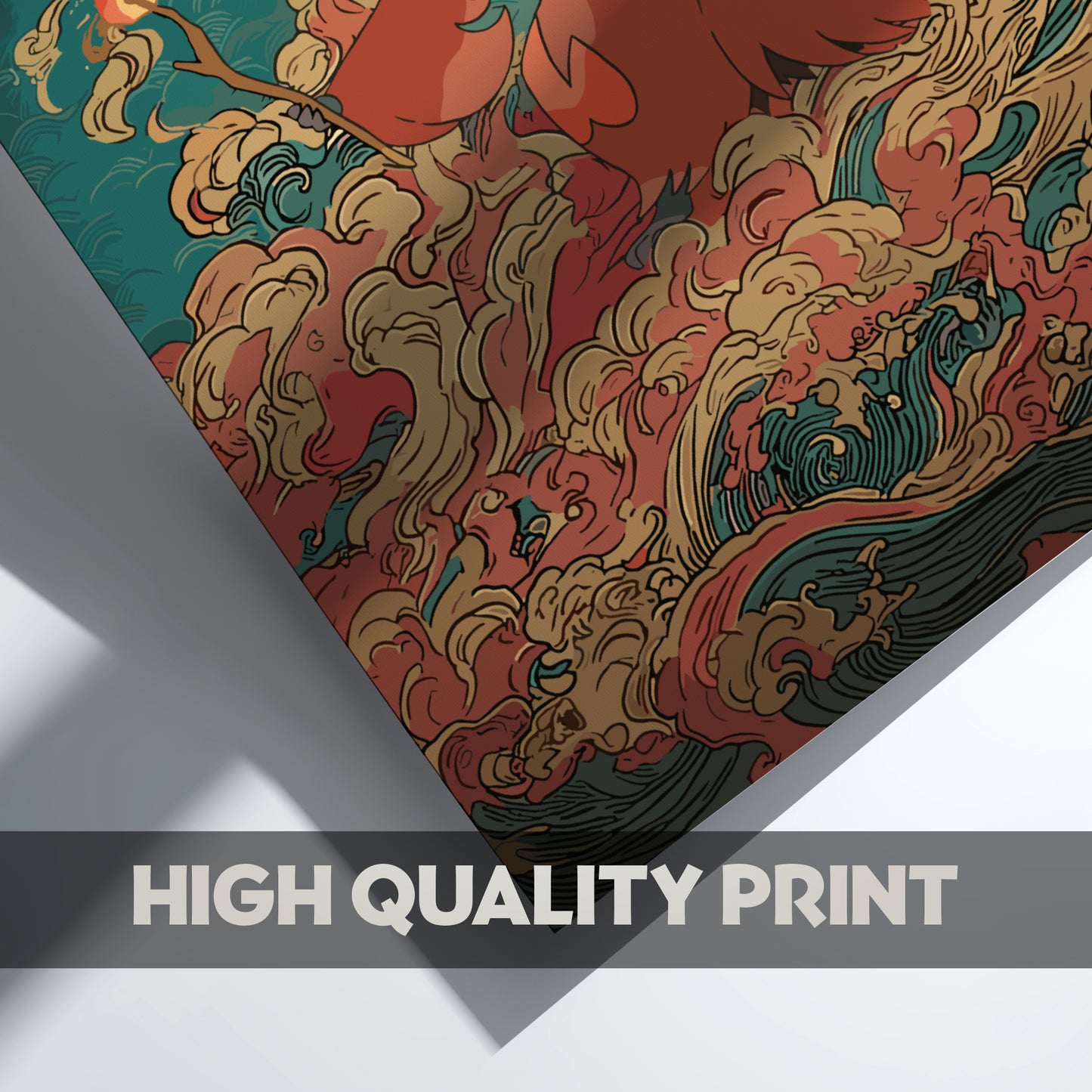 Colorful Delphox Pokemon design on a textured surface with 'High Quality Print' text.
