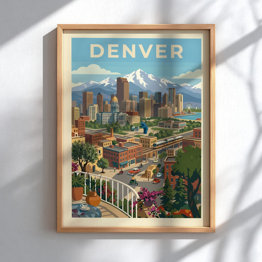 Retro Denver skyline poster with mountains, featuring a cityscape illustration in a warm color palette.
