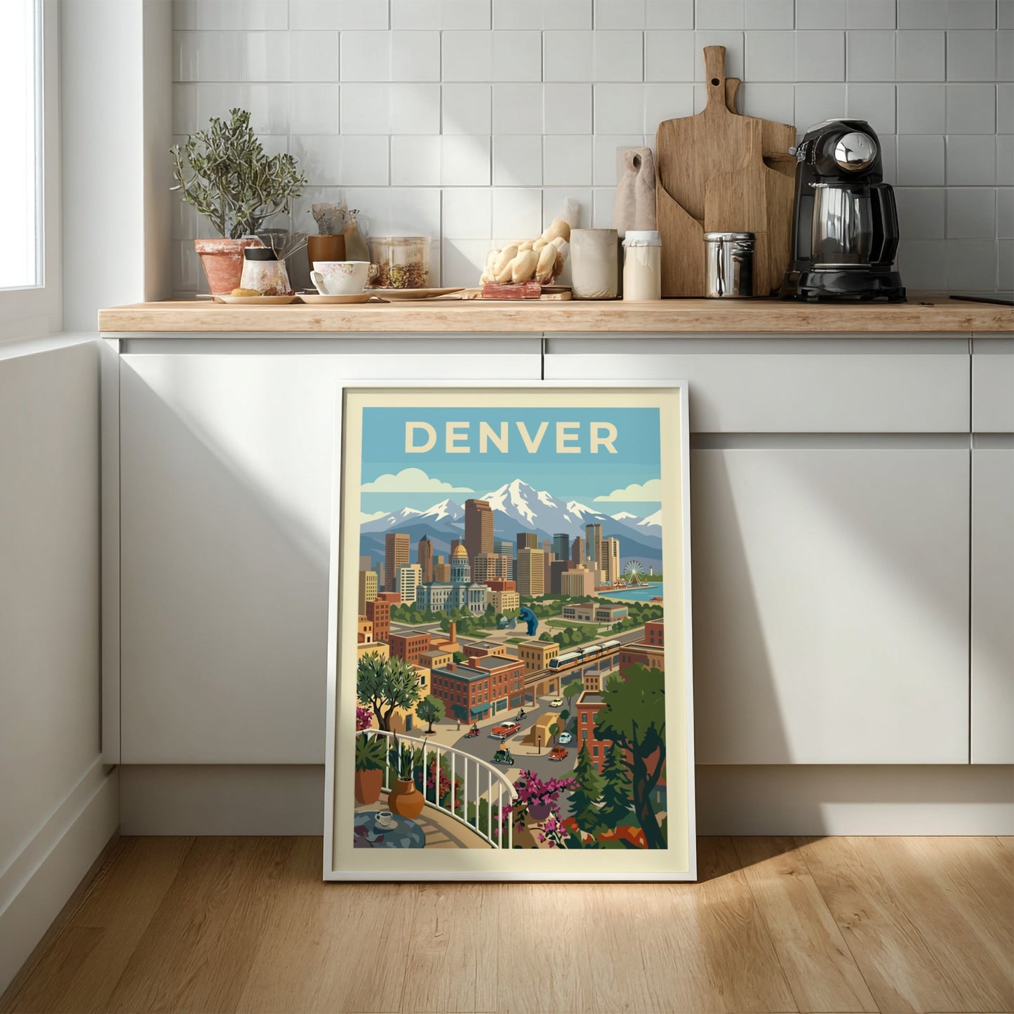 Retro Denver skyline poster with mountains, featuring a cityscape illustration in a warm color palette.