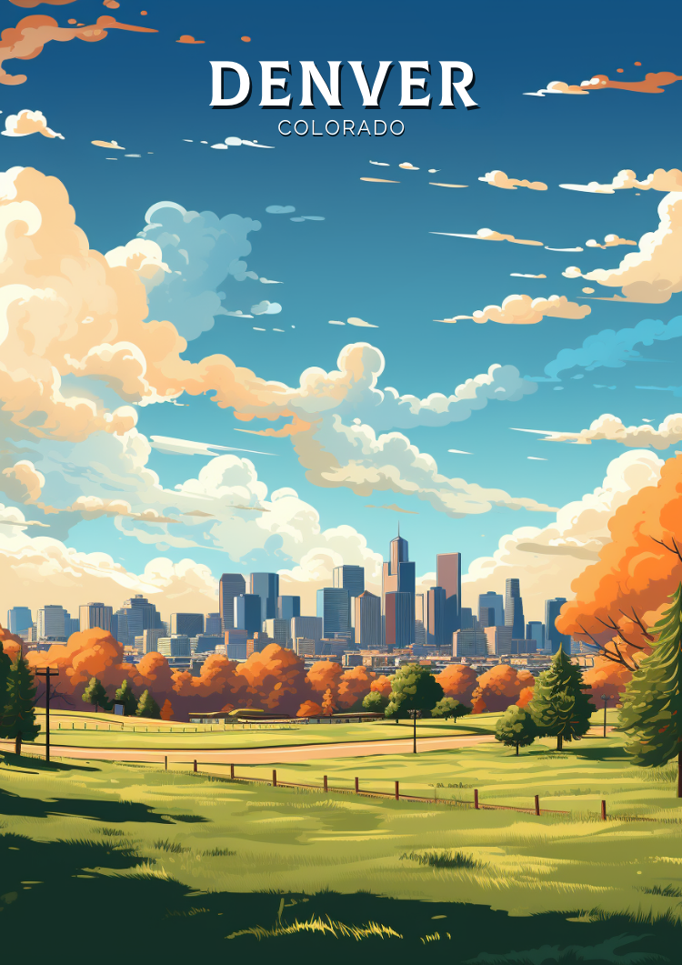 Denver Skyline Travel Print - Colorado Artwork