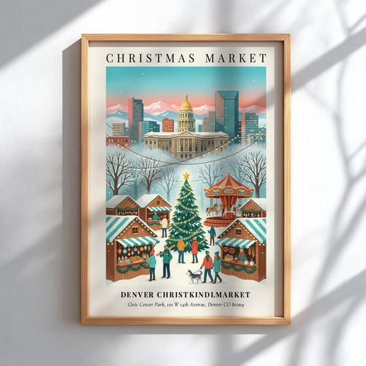 Poster of Denver Christkindlmarket featuring the state capitol building, snowy stalls, and a carousel.