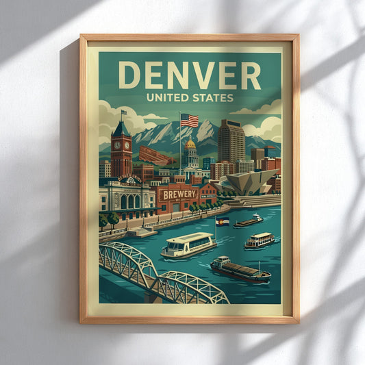 Retro Denver travel poster featuring cityscape, mountains, and river in a vintage illustration style.