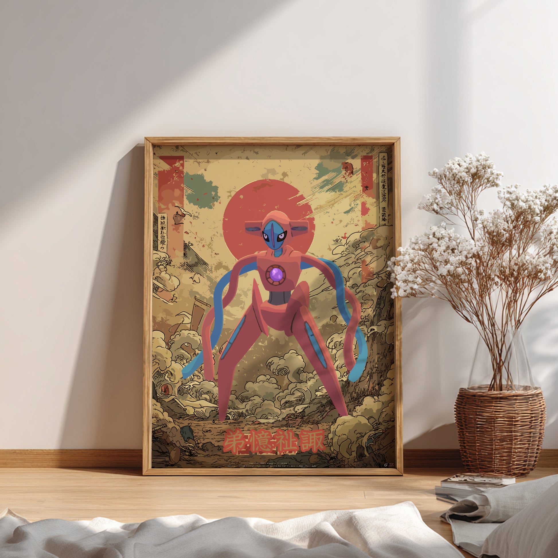 Framed artwork of a colorful Deoxys Pokemon on a wall in a room with a plant and books.