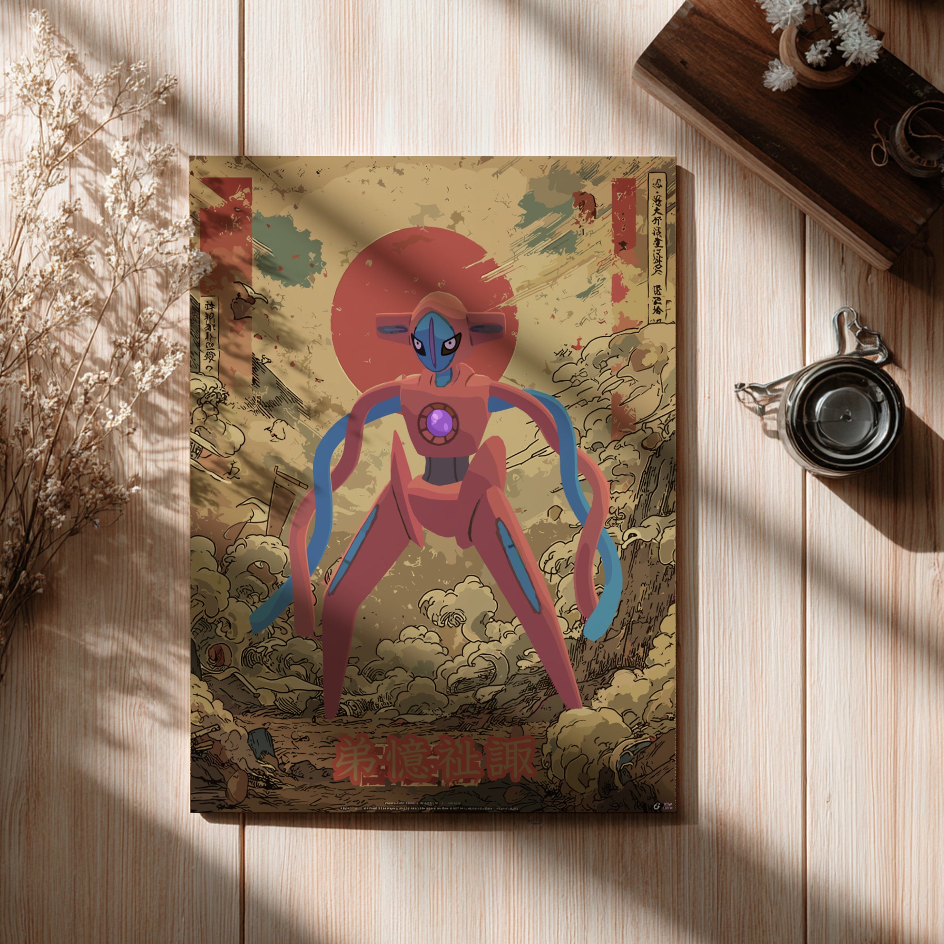 Vintage-style illustration of Deoxys Pokemon on a wooden surface with a cup and decorative elements.