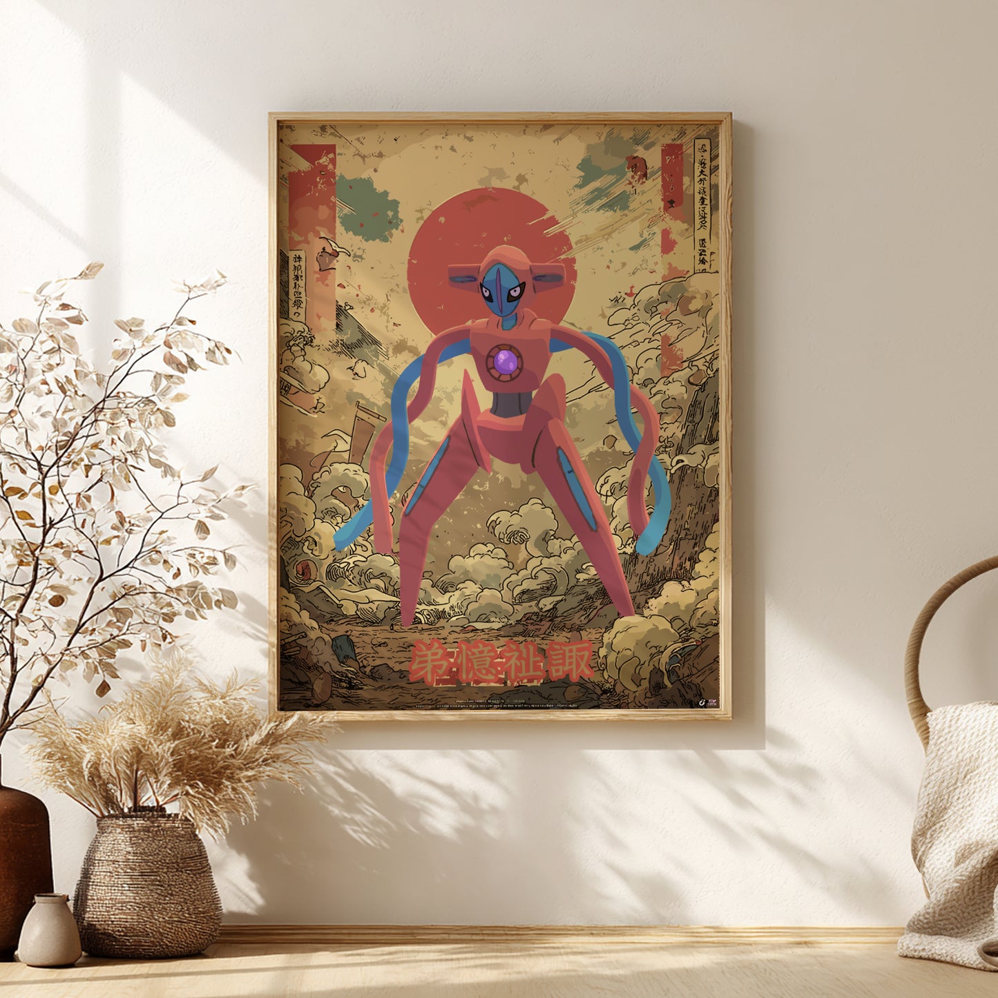 Framed artwork of Deoxys Pokemon on a wall with decorative elements.