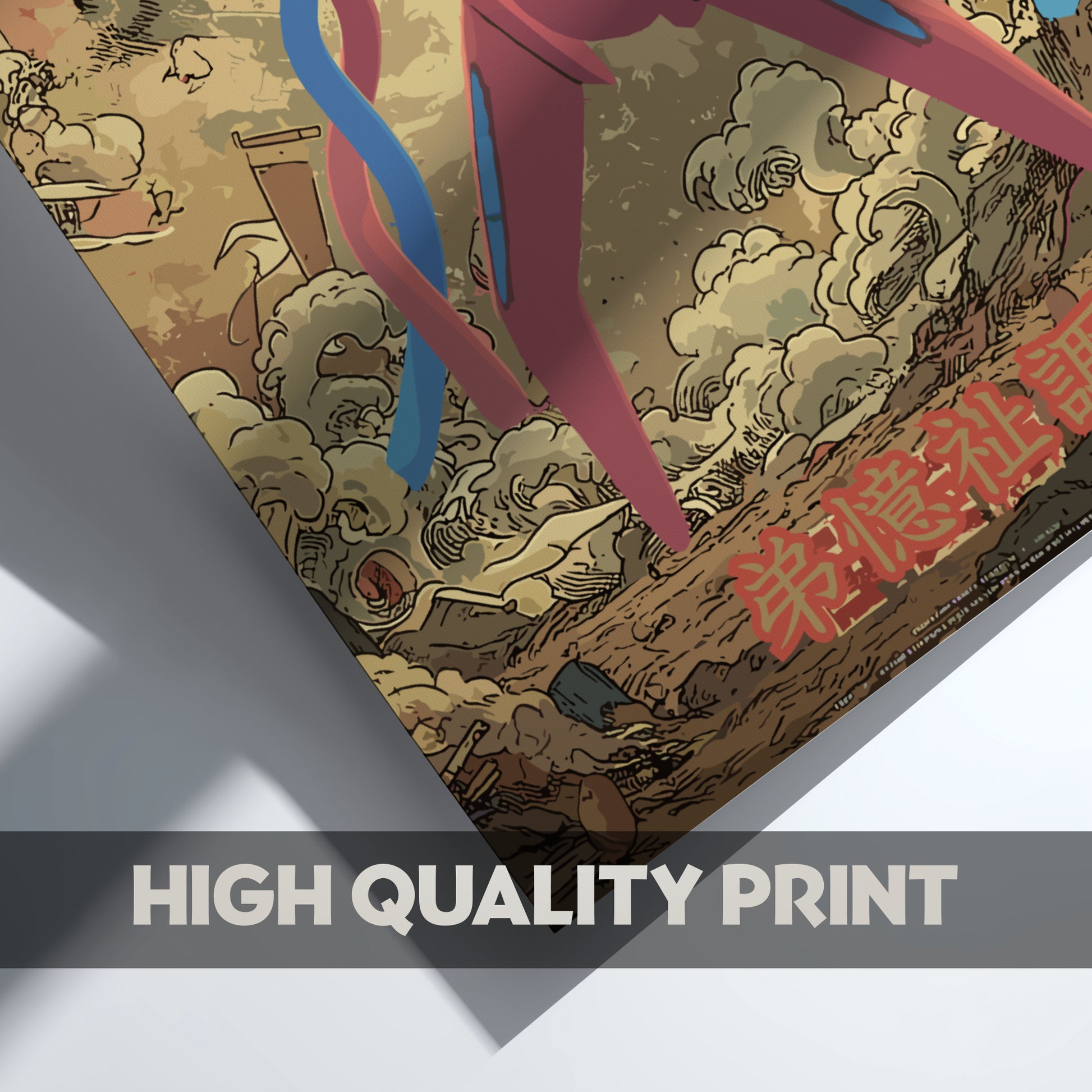 Decorative print with intricate designs of Deoxys Pokemon and text on a textured surface, labeled 'High Quality Print'.
