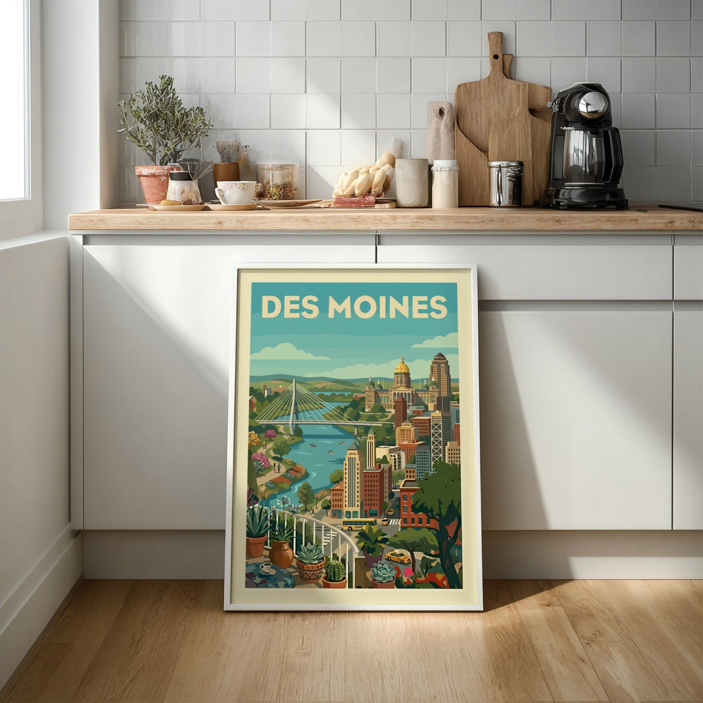 Des Moines cityscape art print with bridge, capitol building, and river in a stylized, colorful illustration.
