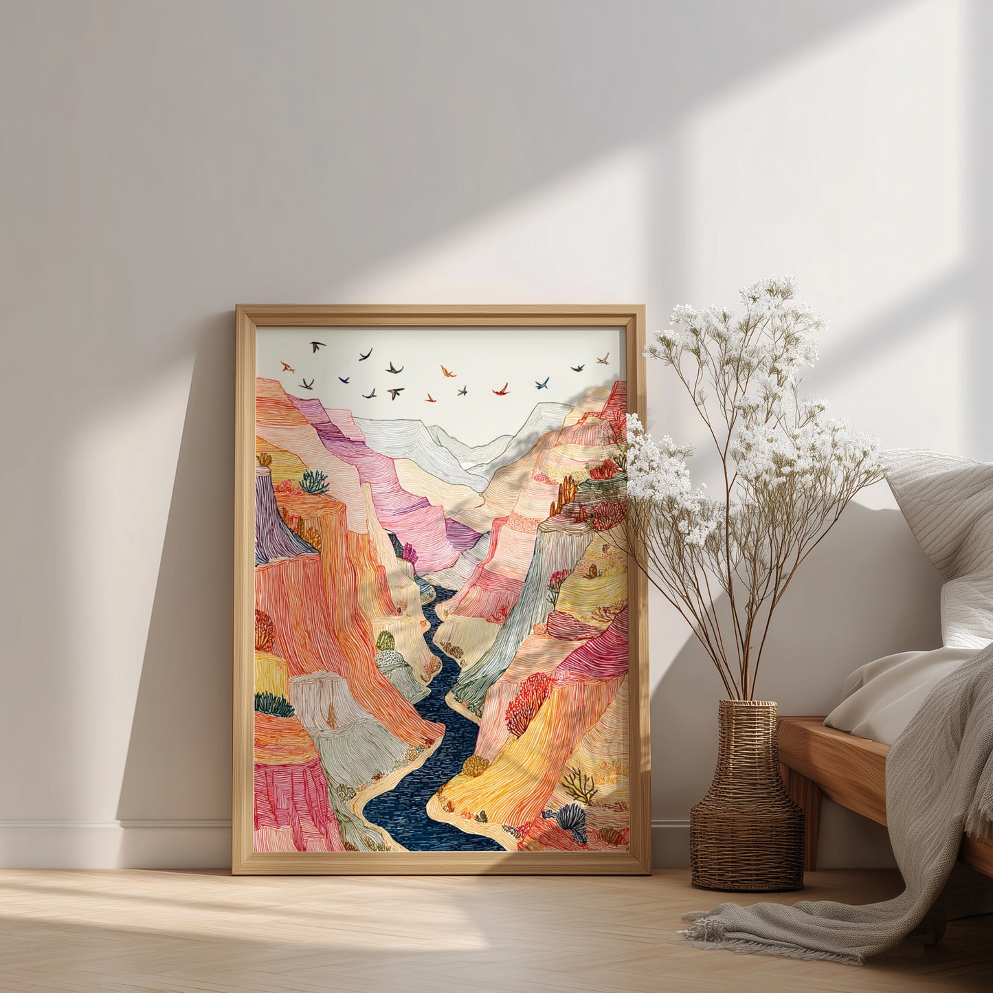 Textured desert canyon landscape poster with vibrant orange, pink, and yellow hues. Wall art.
