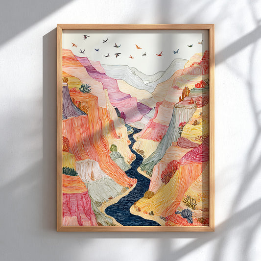 Textured desert canyon landscape poster with vibrant orange, pink, and yellow hues. Wall art.