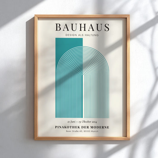 Bauhaus poster featuring geometric shapes in teal and cream, modern design style