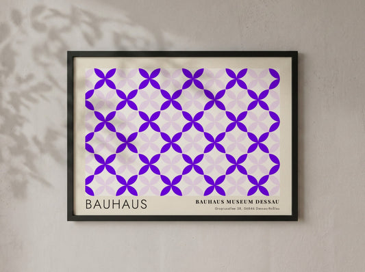 Wall art poster featuring a geometric violet and lavender pattern with Bauhaus museum text