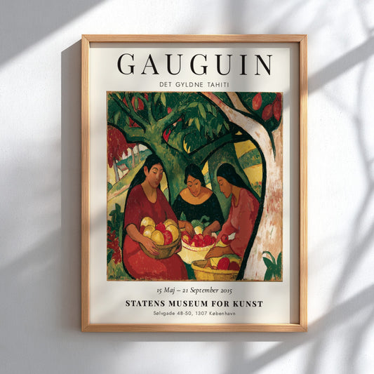 Gauguin exhibition poster featuring women in a vibrant Tahitian scene with rich colors and expressive