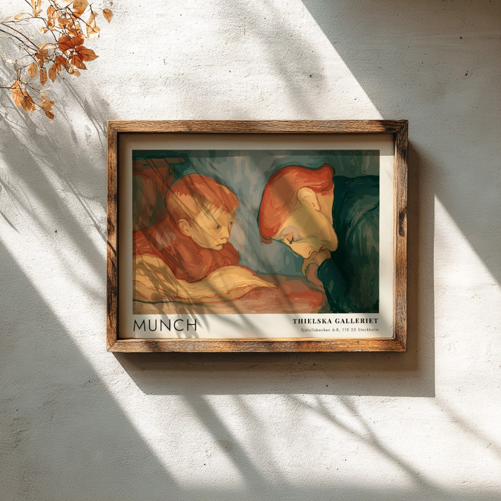 Munch Sick Child exhibition poster featuring a child and caregiver in muted tones