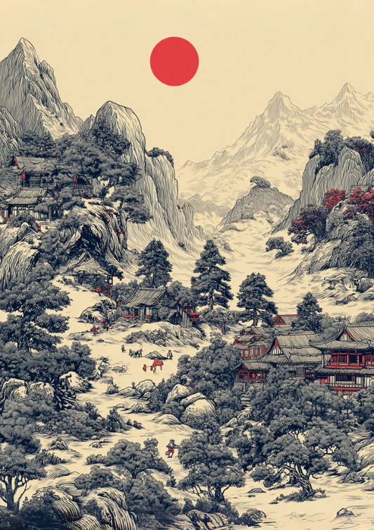 Traditional Japanese landscape with mountains, trees, and a red sun.