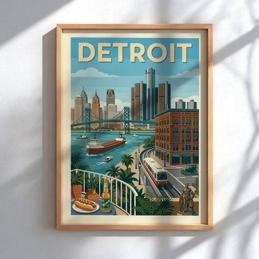 Retro Detroit skyline poster with bridge, river, and buildings in a warm, muted color palette.