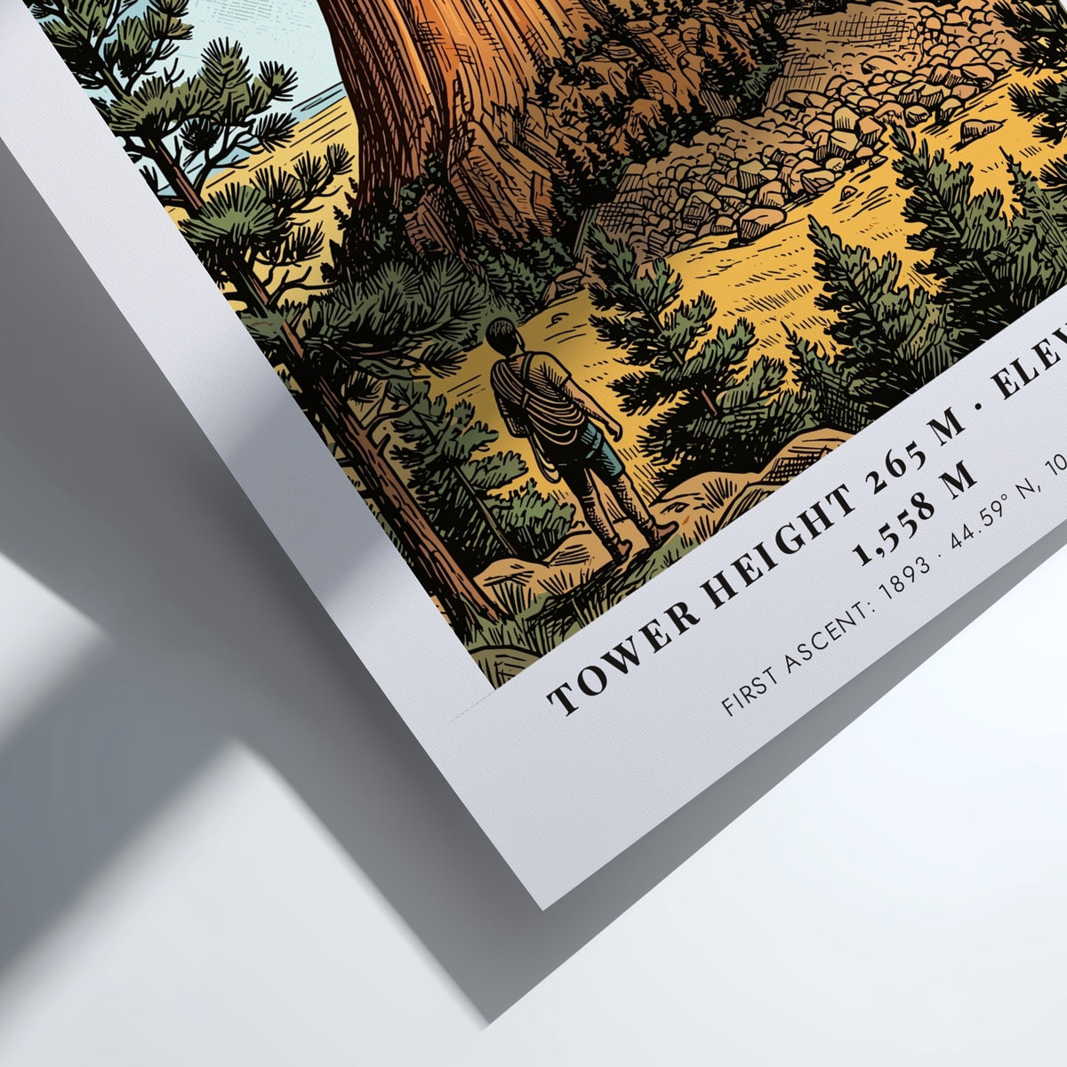 Poster featuring the iconic Devils Tower monolith with a hiker in the foreground.