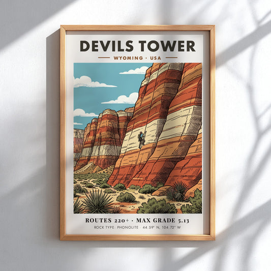 Poster of Devils Tower in Wyoming featuring a rock climber on striped stone.