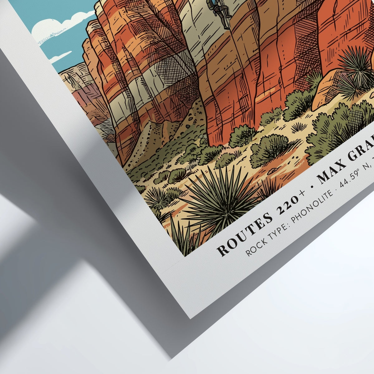 Poster of Devils Tower in Wyoming featuring a rock climber on striped stone.