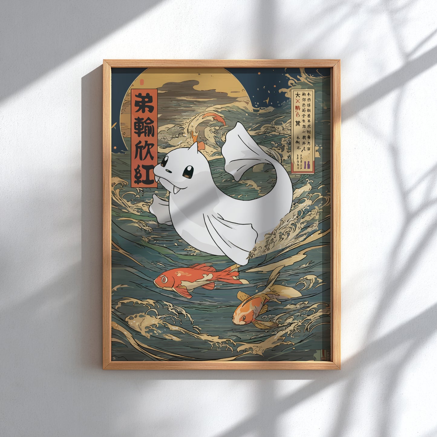 Framed artwork with Dewgong Pokemon and koi fish design on a wave background