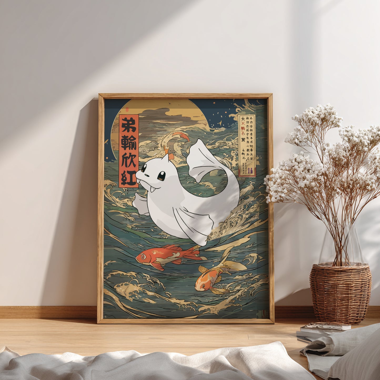 Framed artwork with Dewgong Pokemon and koi fish in a room with a vase of flowers.