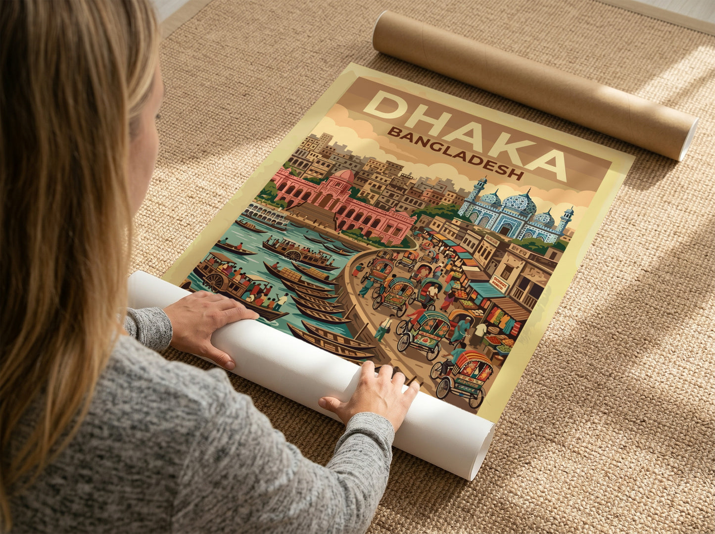 Travel poster of Dhaka Bangladesh showing a busy riverfront with traditional boats, rickshaws, and mosques.