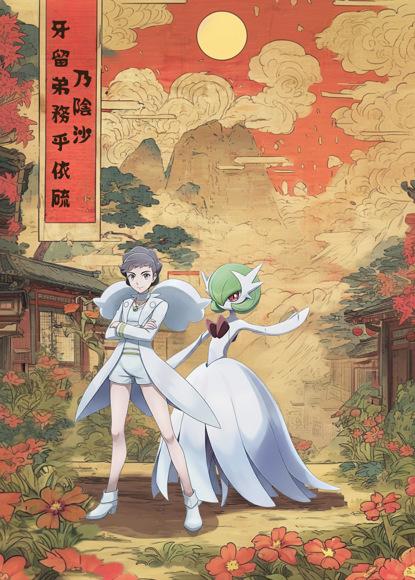 Diantha and Gardevoir Pokemon characters in a traditional Japanese setting with mountains and cherry blossoms.