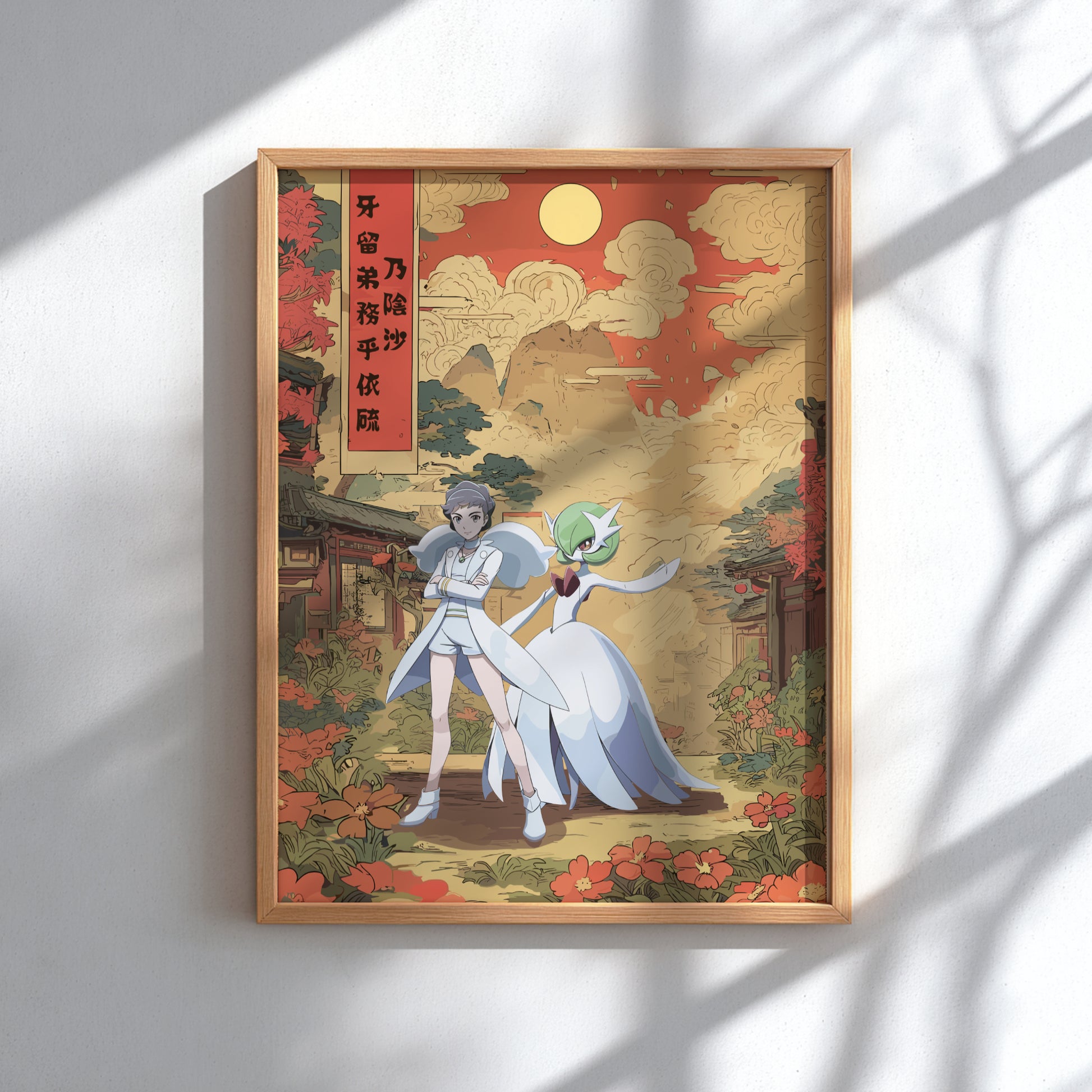 Framed artwork of Diantha and Gardevoir Pokemon characters in a traditional Japanese setting with cherry blossoms and a temple.