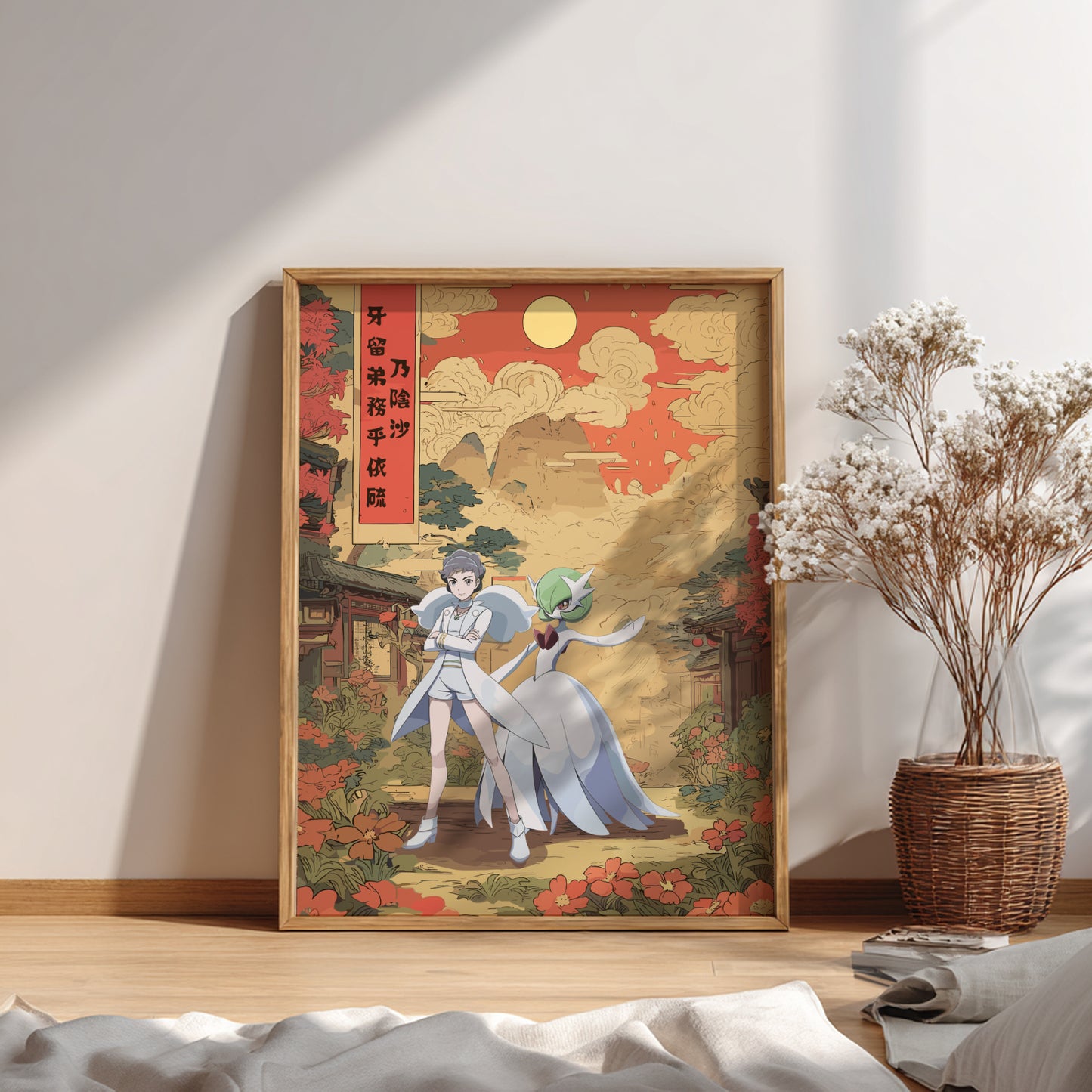 Framed artwork of Diantha and Gardevoir Pokemon characters in a traditional setting on a wall with a vase of flowers.