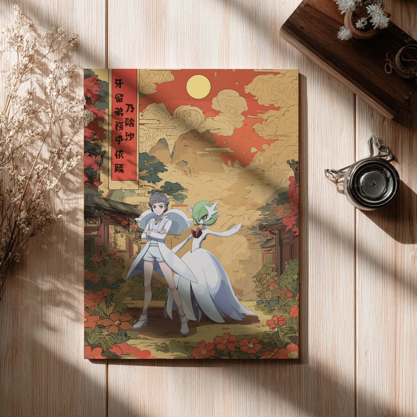 Diantha and Gardevoir Pokemon illustration on a wooden surface with a cup and decorative elements.