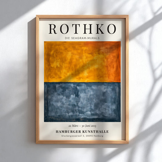 Wall art poster featuring Mark Rothko Seagram Murals with orange and charcoal blue blocks.