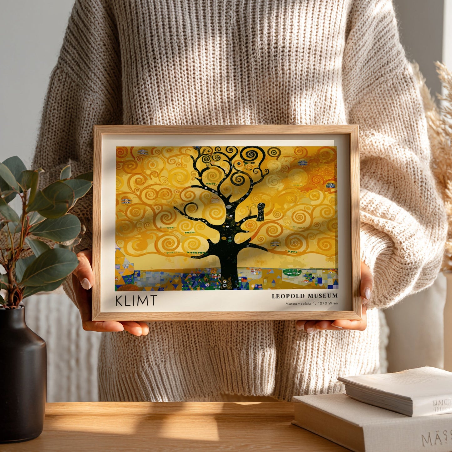 Wall art print featuring Klimt's golden tree design with swirling patterns and rich colors