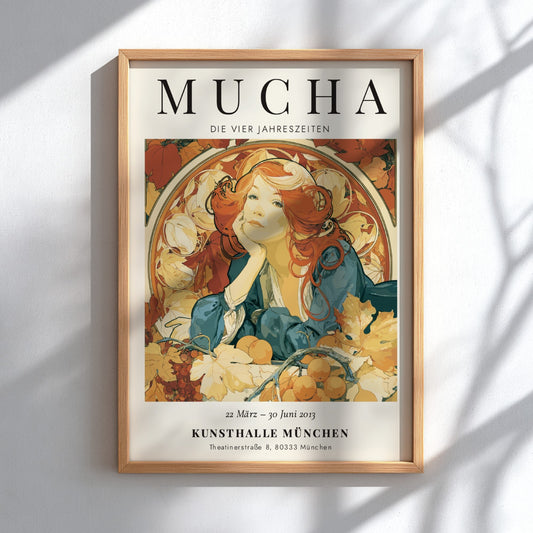 Alphonse Mucha poster featuring Die Vier Jahreszeiten with warm colors and intricate Art Nouveau style