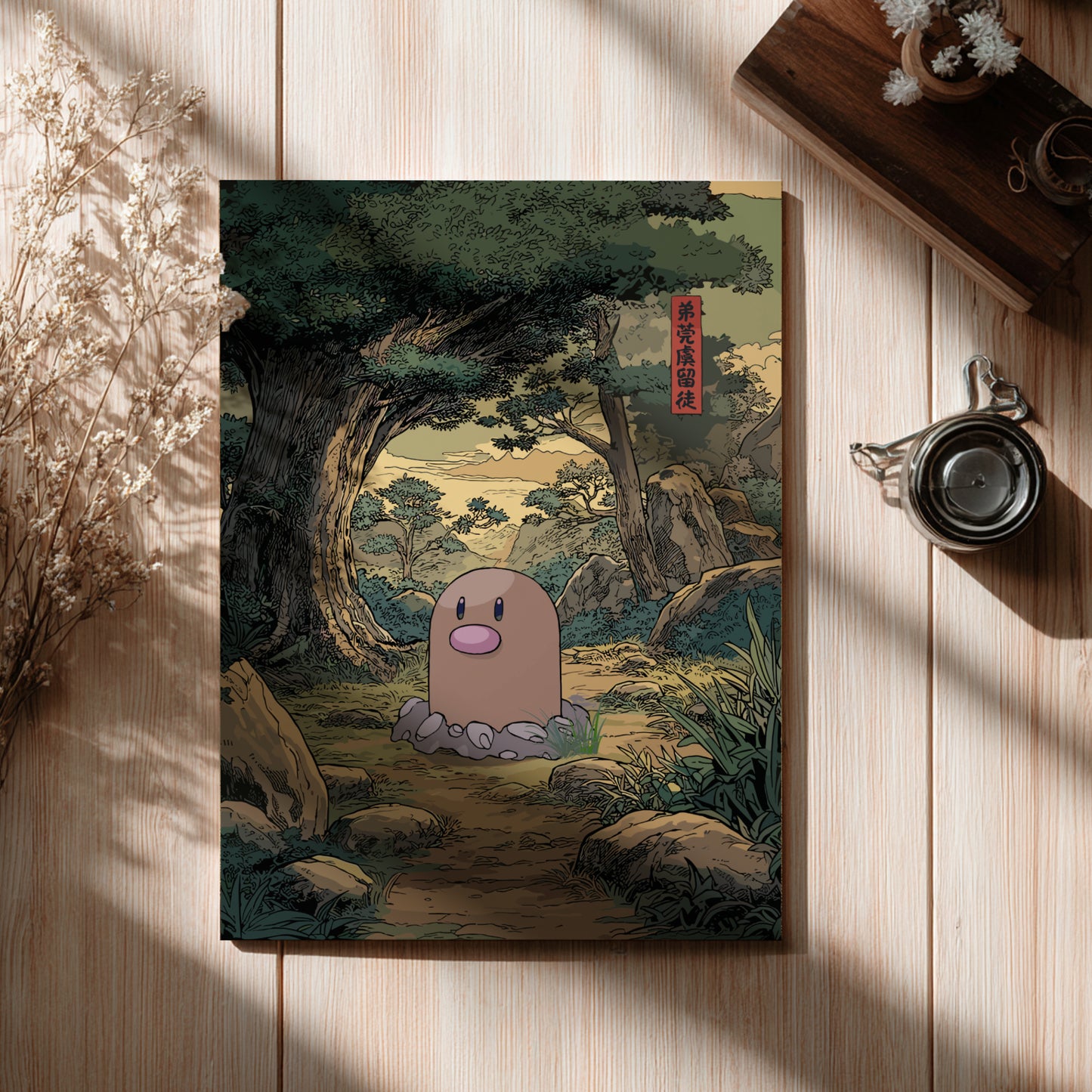 Illustration of Diglett Pokemon in a forest setting on a wooden surface with a cup and decorative elements.