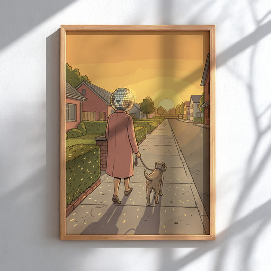Poster featuring a man with a disco ball head walking his dog at sunset.