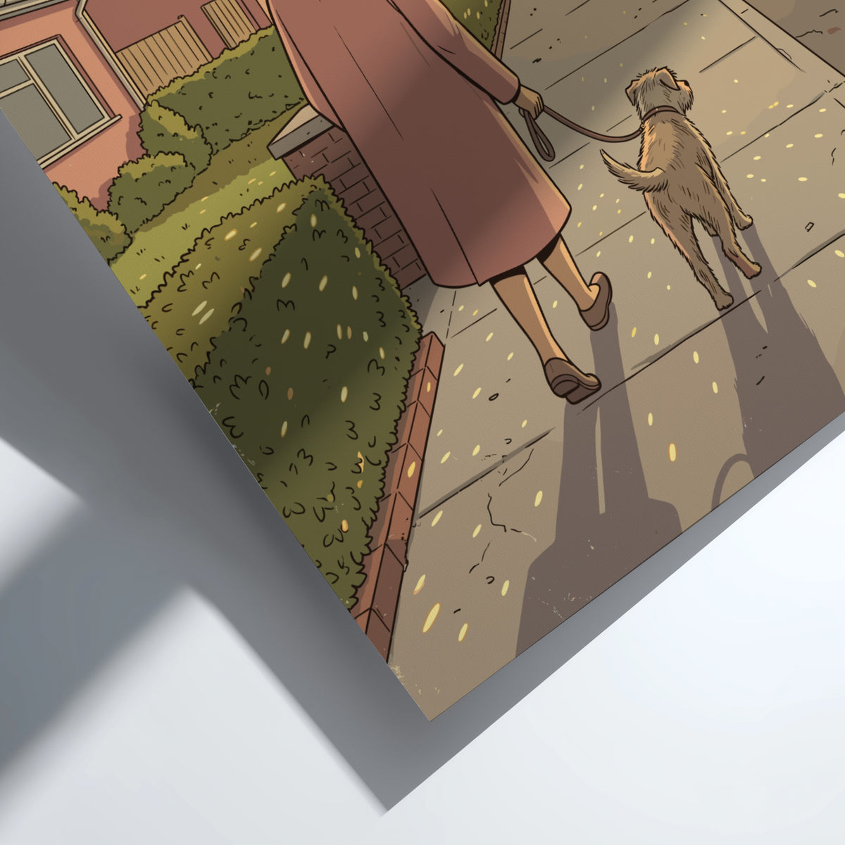 Poster featuring a man with a disco ball head walking his dog at sunset.