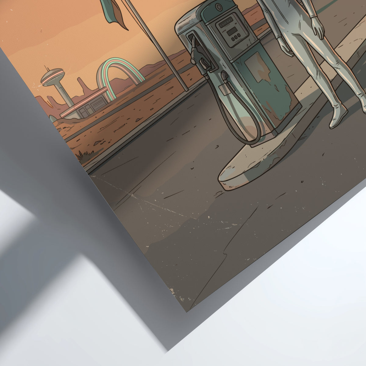 Poster featuring a man with a disco ball head standing at a desert station.