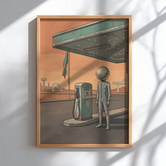 Poster featuring a man with a disco ball head standing at a desert station.