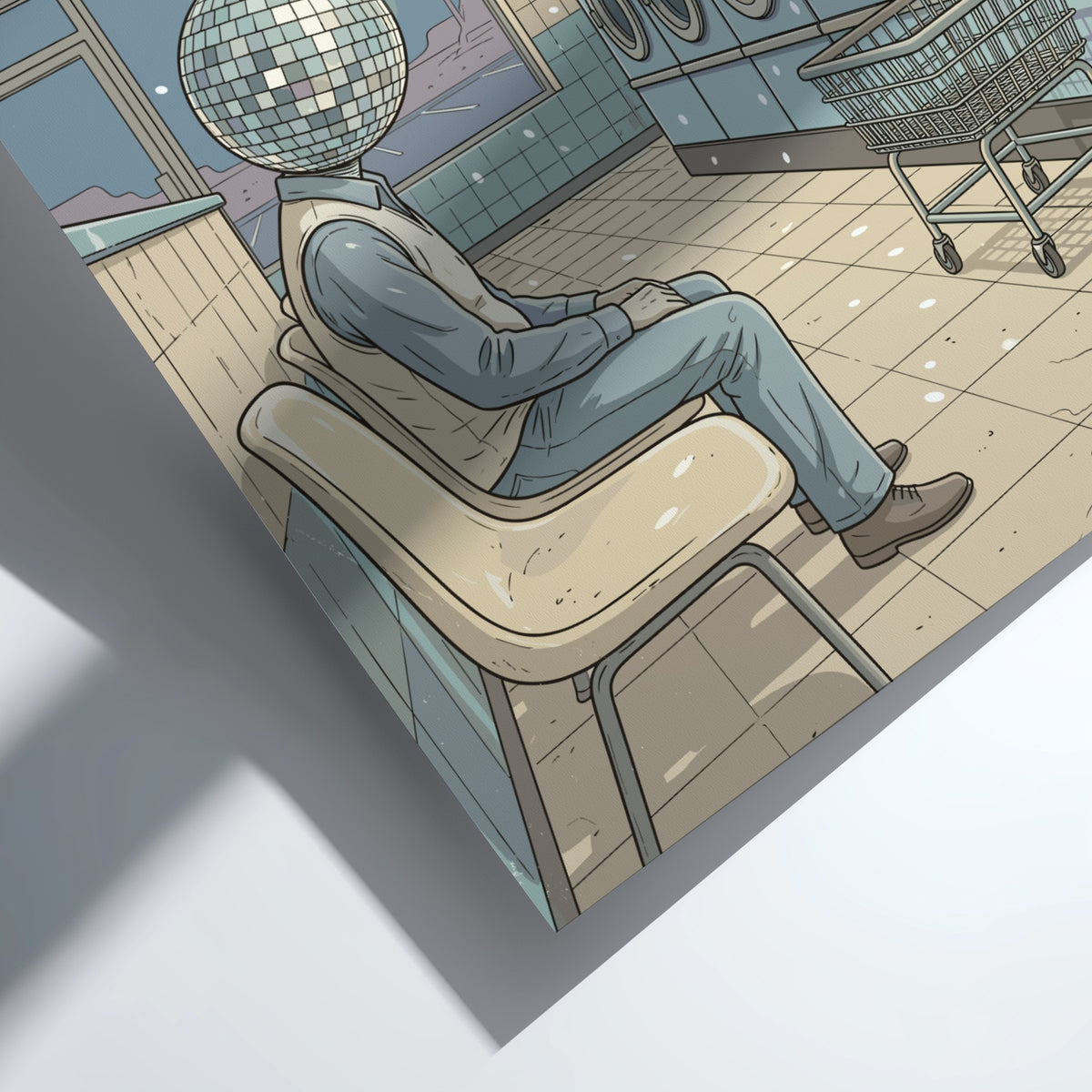 Poster featuring a man with a disco ball head sitting in a laundromat