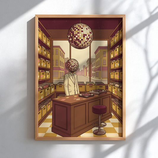 Poster featuring a man with a disco ball head in a record store